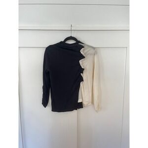 PINKO Asymmetrical Colorblock Long Sleeve Top Womens Size L Black Ivory Ruffle